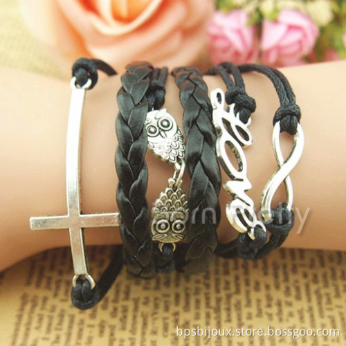 The Owl Multi-layer Leather Rope Wax Romantic Password Love Cross Bracelet